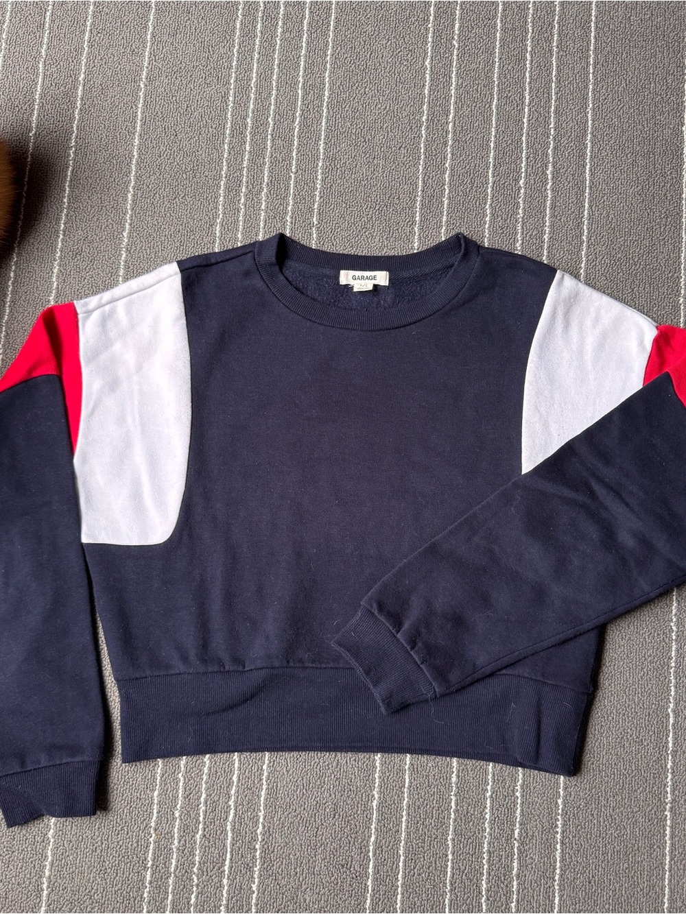 Garage Navy Colorblock Cropped Crewneck with White & Red Accents